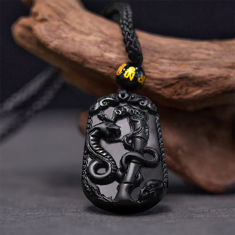 Collier en obsidienne avec symbole du zodiaque chinois et accomplissement de la purification