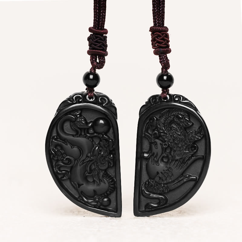 Collier de protection d'amour dragon phénix en obsidienne