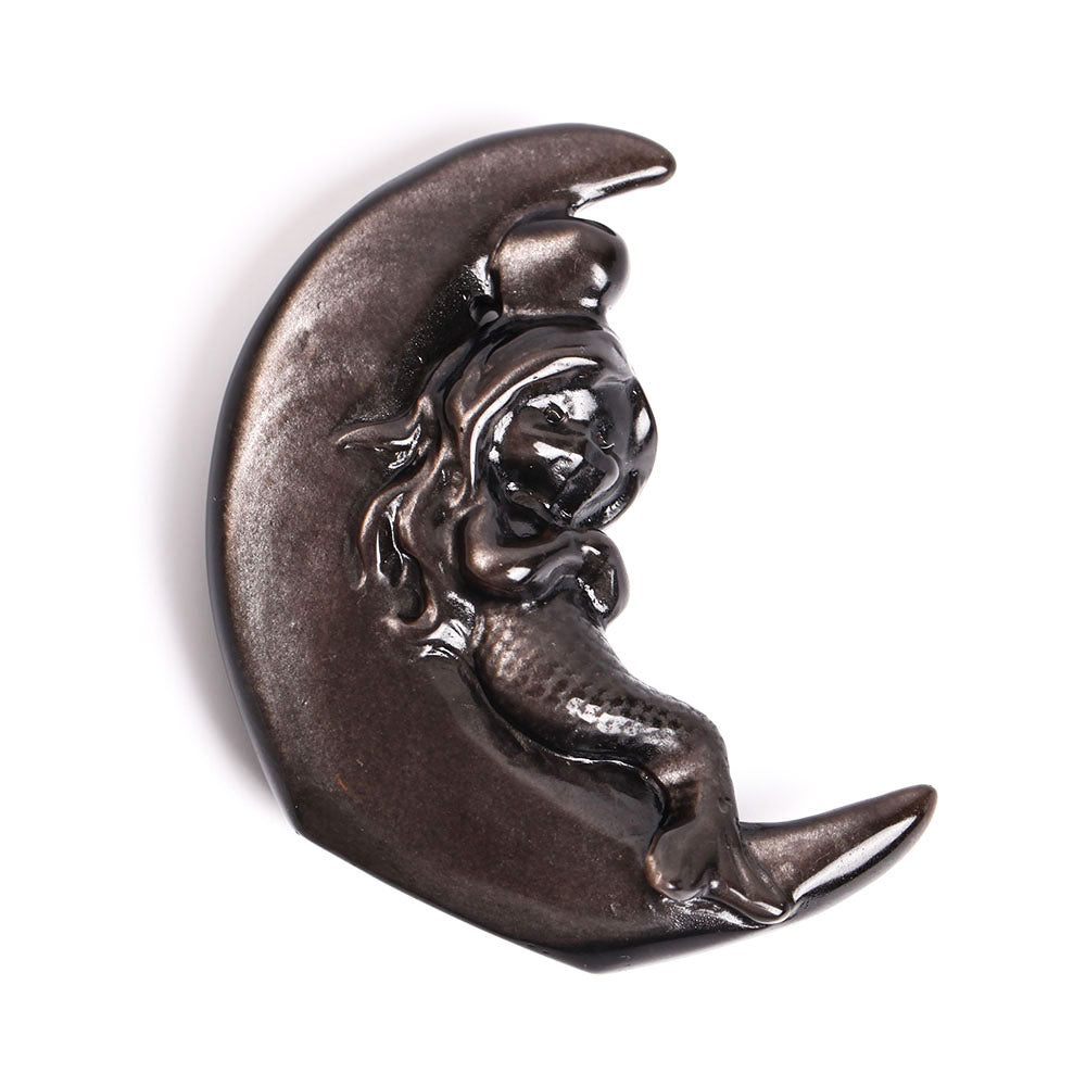 Obsidian Moon Crystal Figurine with Mermaid Carving 3.4 inch