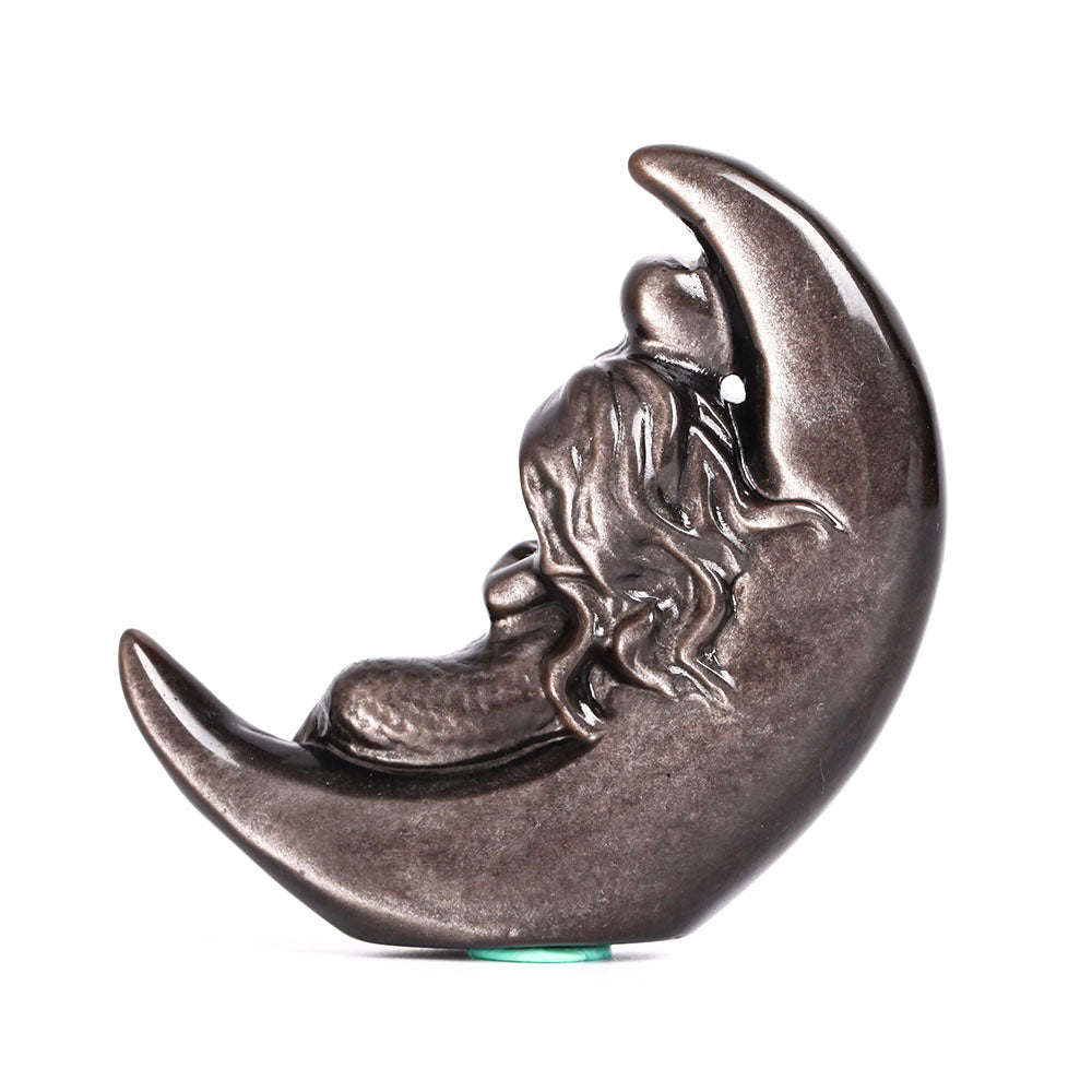 Obsidian Moon Crystal Figurine with Mermaid Carving 3.4 inch