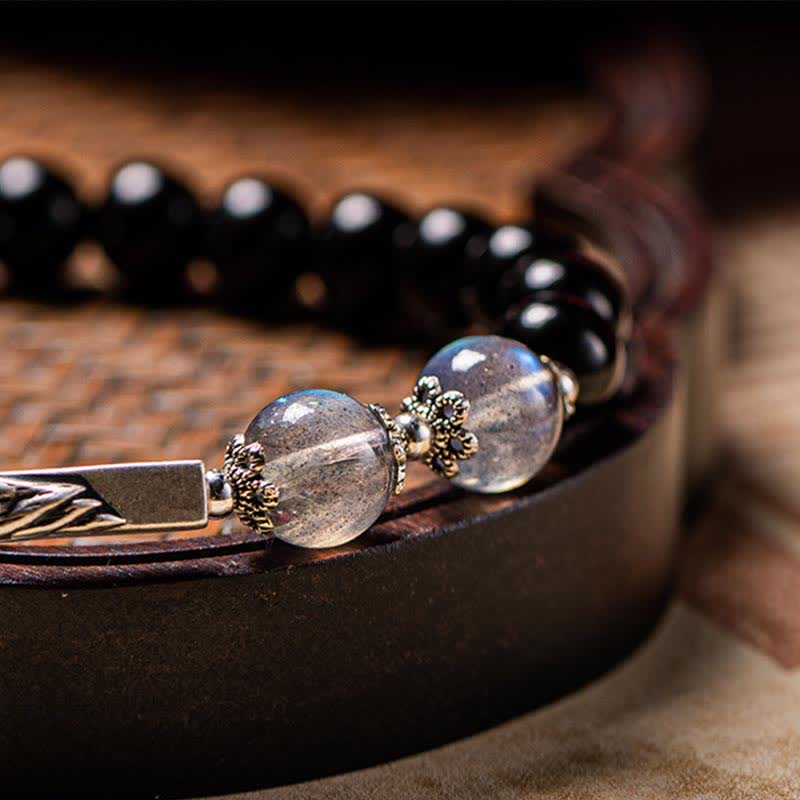 Bracelet couple en obsidienne et pierre de lune 8 mm et 10 mm pour plus de solidité