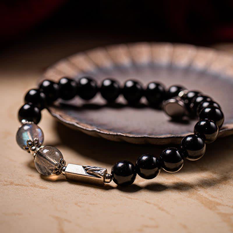 Bracelet couple en obsidienne et pierre de lune 8 mm et 10 mm pour plus de solidité