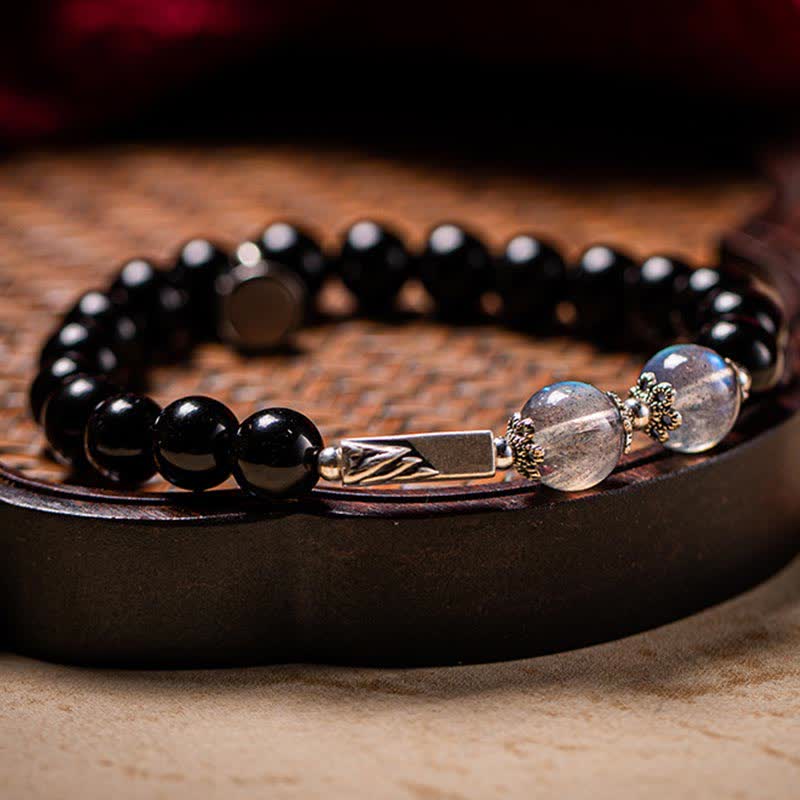 Bracelet couple en obsidienne et pierre de lune 8 mm et 10 mm pour plus de solidité