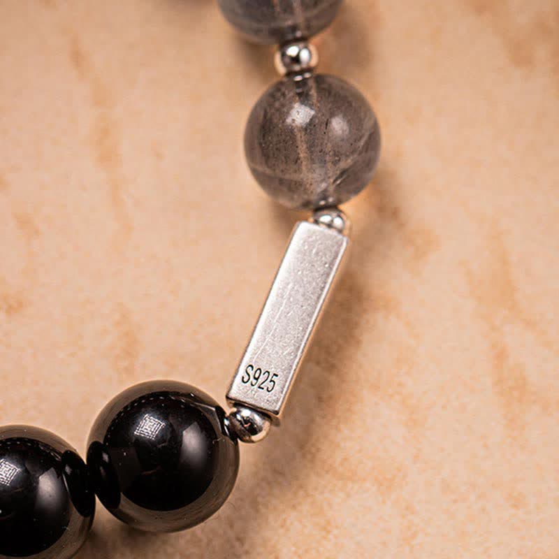 Bracelet couple en obsidienne et pierre de lune 8 mm et 10 mm pour plus de solidité