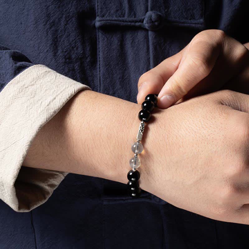 Bracelet couple en obsidienne et pierre de lune 8 mm et 10 mm pour plus de solidité