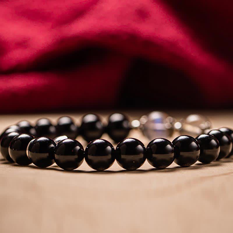 Bracelet couple en obsidienne et pierre de lune 8 mm et 10 mm pour plus de solidité