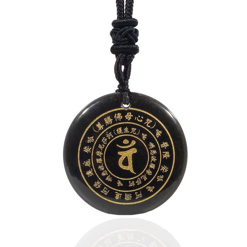 Collier en obsidienne avec pendentif mantra sanskrit pour la force et l'équilibre