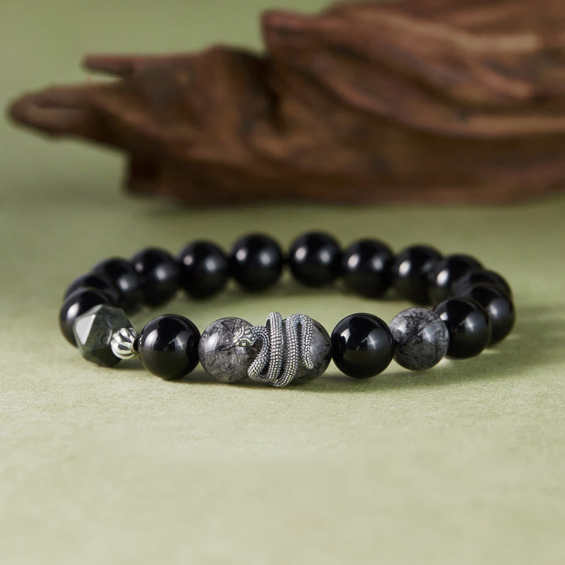 Bracelet serpent en obsidienne et quartz rutile