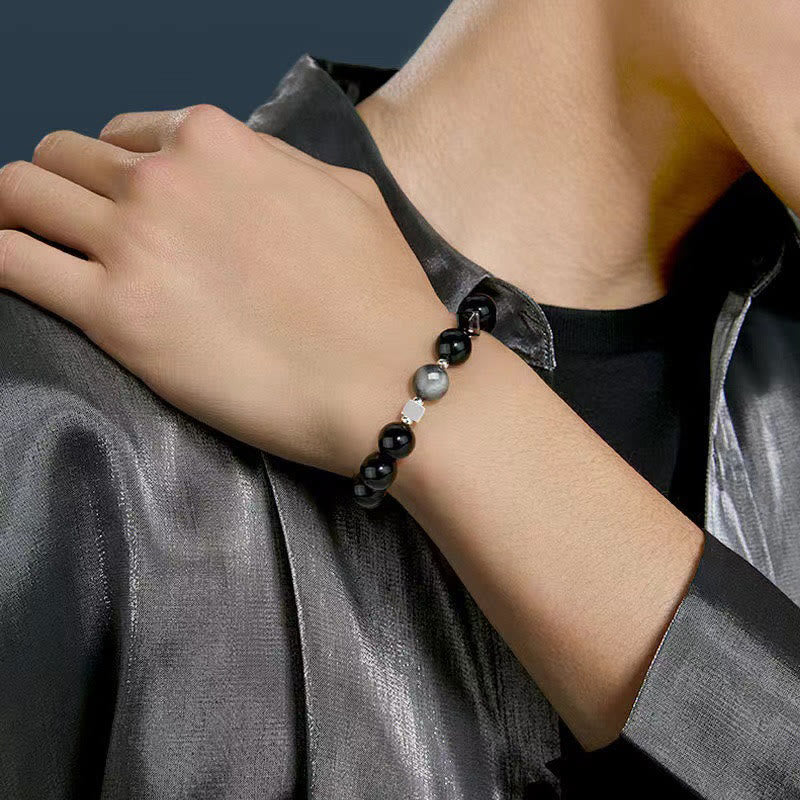 Bracelet de force en obsidienne avec œil d'aigle et œil de tigre