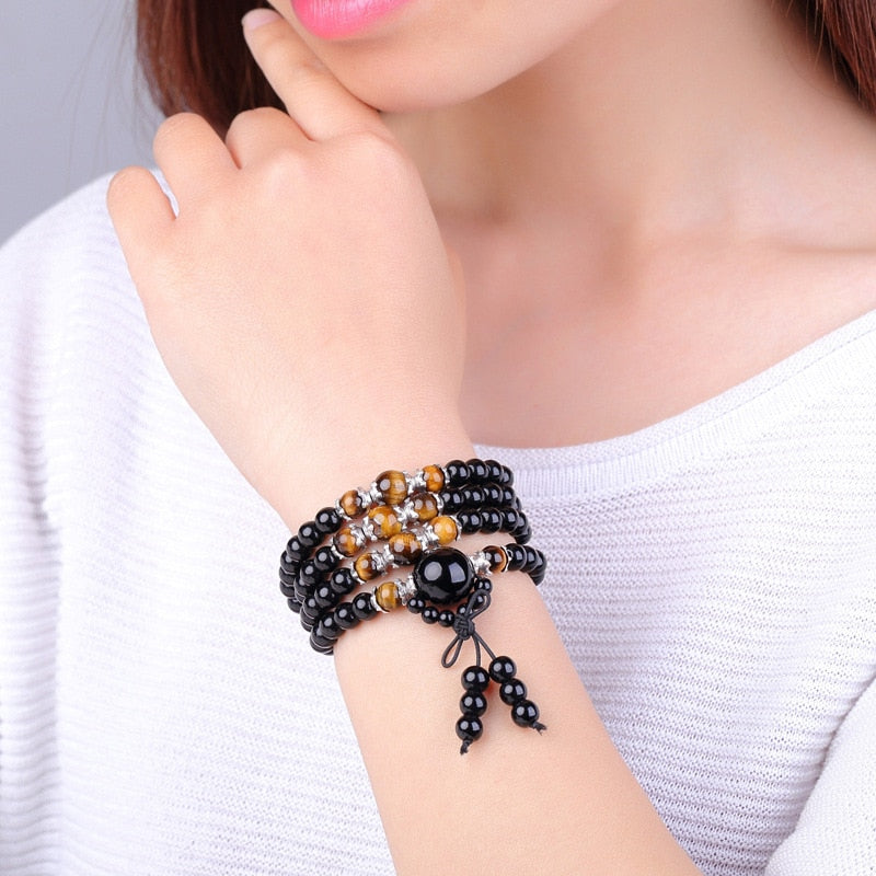 Bracelet Mala en Obsidienne Œil de Tigre pour la Méditation