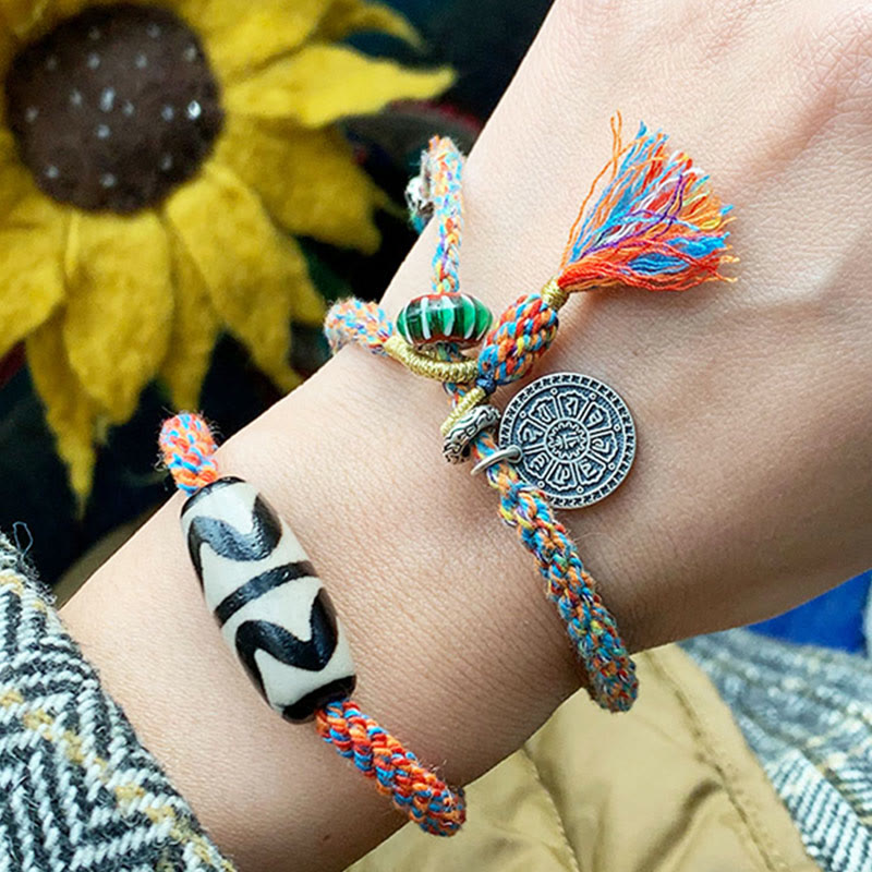 Bracelet Om Mani Padme Hum | Perles dzi tibétaines tressées en argent