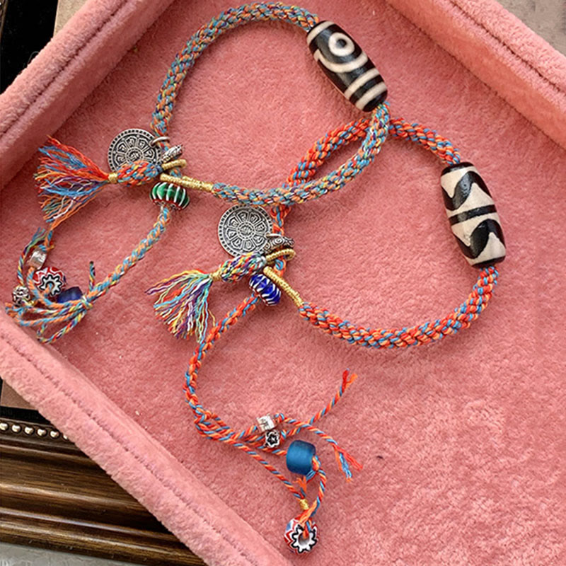 Bracelet Om Mani Padme Hum | Perles dzi tibétaines tressées en argent