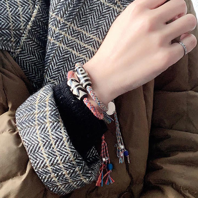Bracelet Om Mani Padme Hum | Perles dzi tibétaines tressées en argent