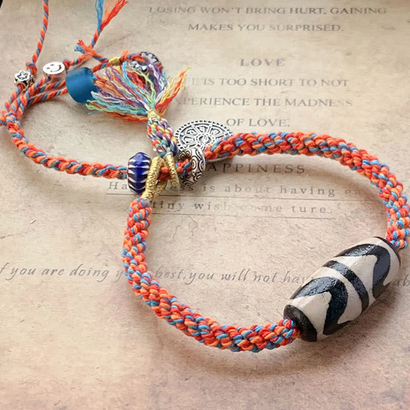 Bracelet Om Mani Padme Hum | Perles dzi tibétaines tressées en argent