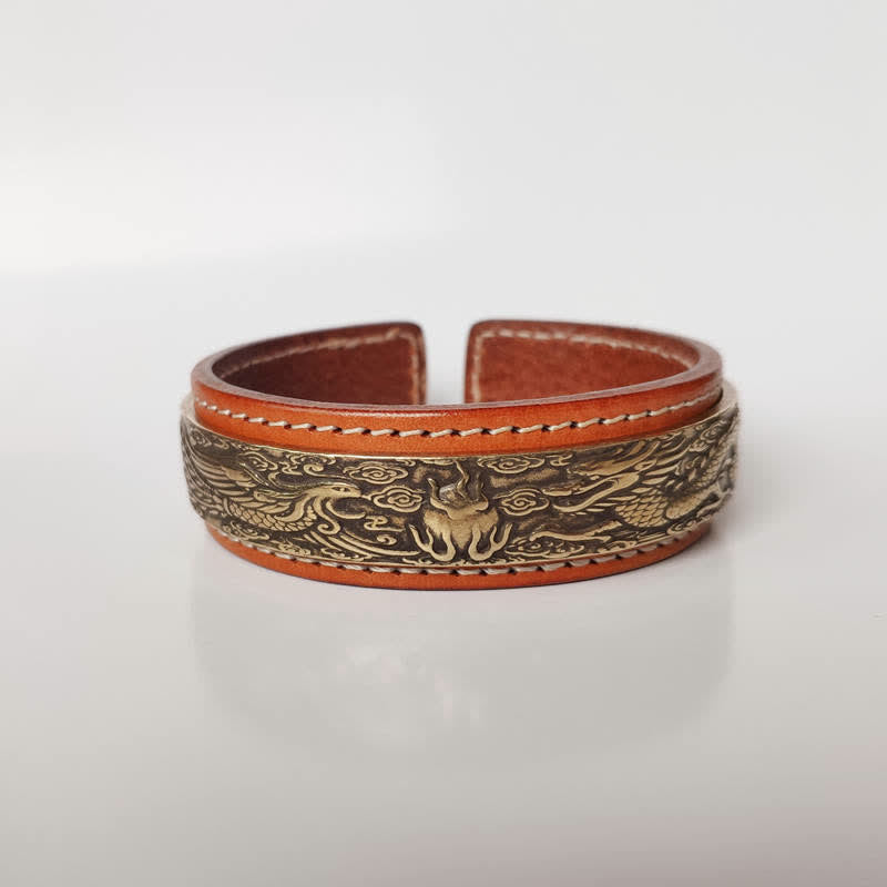 Bracelet manchette unisexe en cuir et cuivre Om Mani Padme Hum