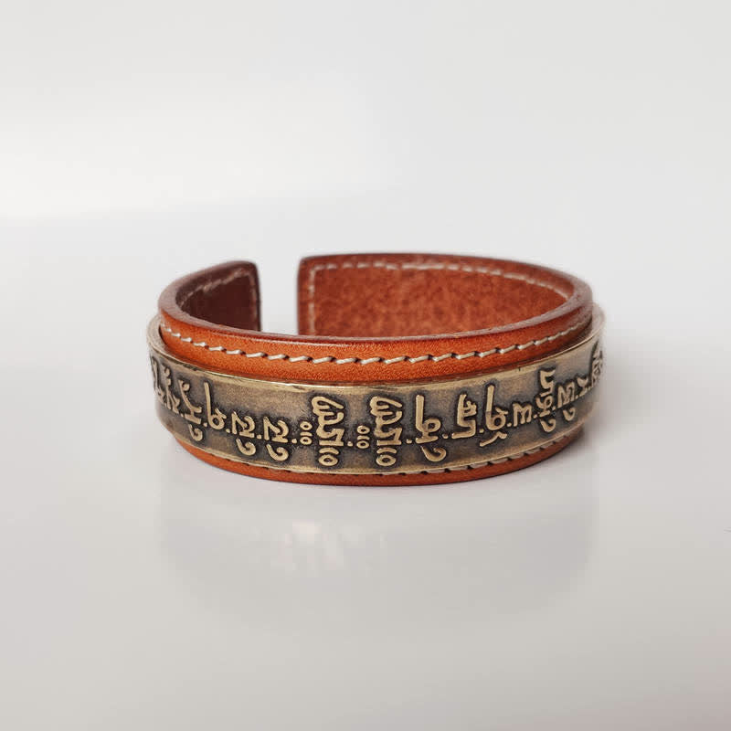 Bracelet manchette unisexe en cuir et cuivre Om Mani Padme Hum