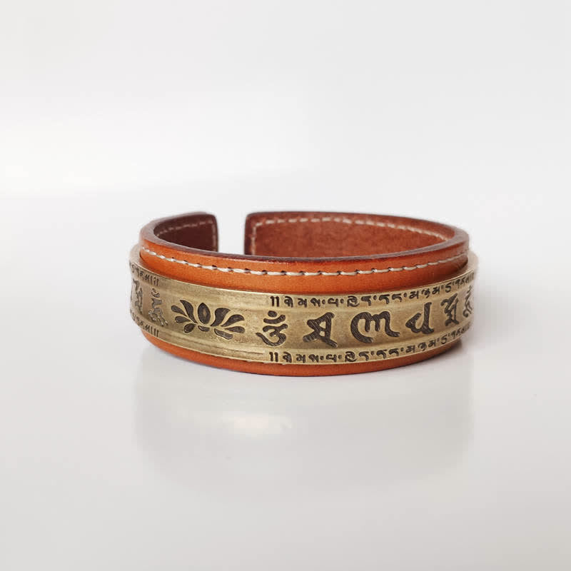 Bracelet manchette unisexe en cuir et cuivre Om Mani Padme Hum