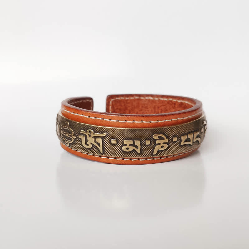 Bracelet manchette unisexe en cuir et cuivre Om Mani Padme Hum