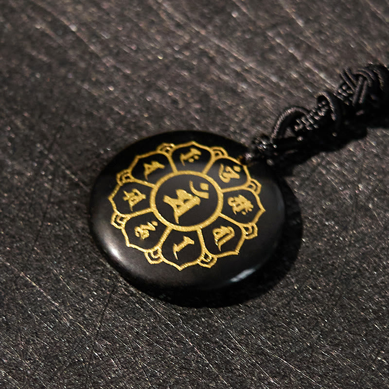 Collier Om Mani Padme Hum | Pendentif Force en obsidienne noire