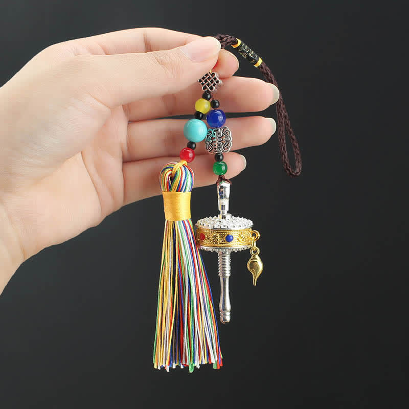 Om Mani Padme Hum Roue de prière à pompon pour voiture à suspendre