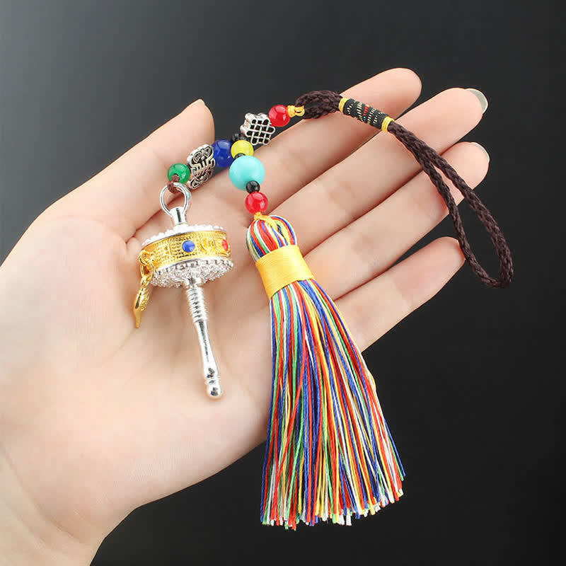 Om Mani Padme Hum Roue de prière à pompon pour voiture à suspendre