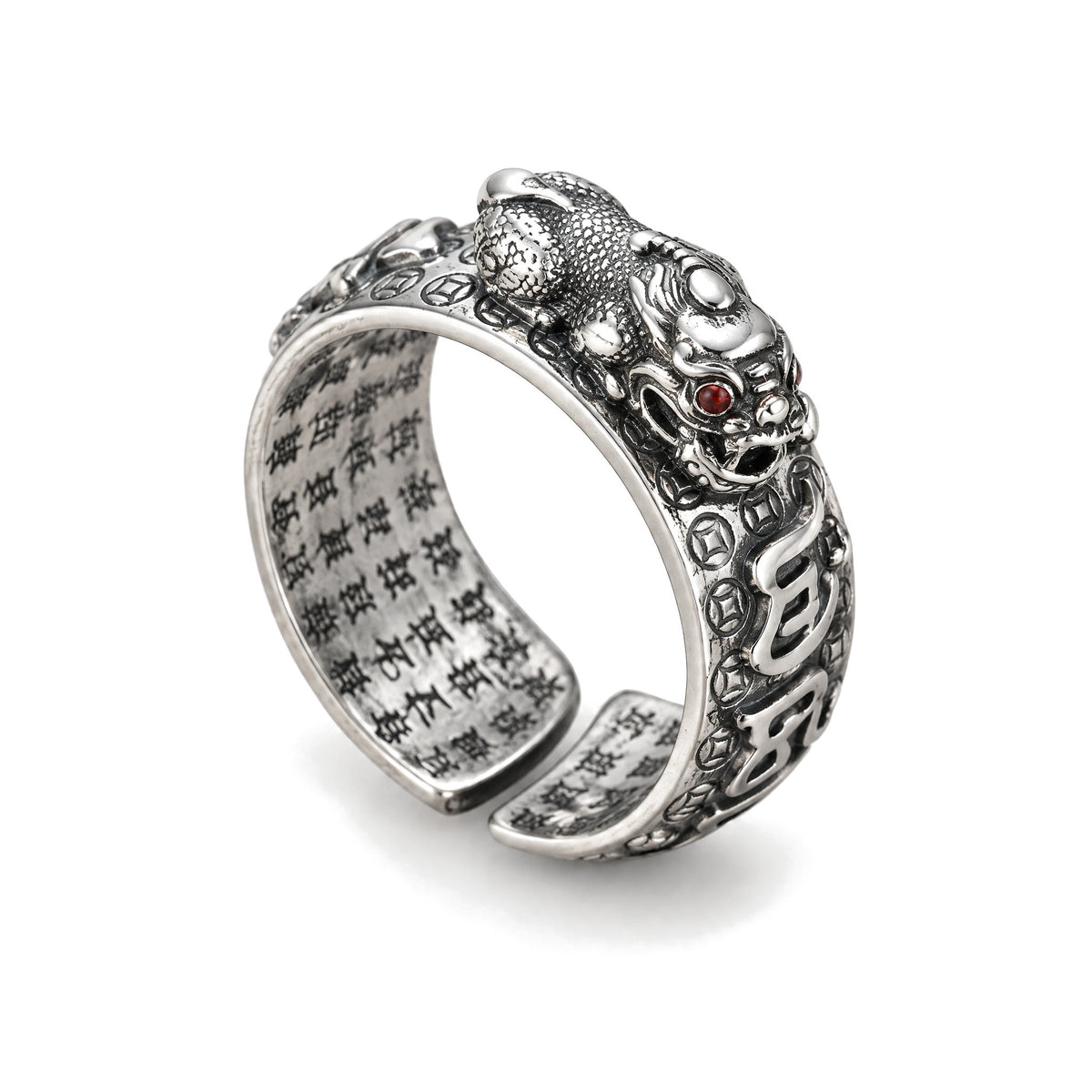 Om Mani Padme Hum Silver PiXiu Wealth Ring 990 Sterling, Silver / PiXiu, on a white background