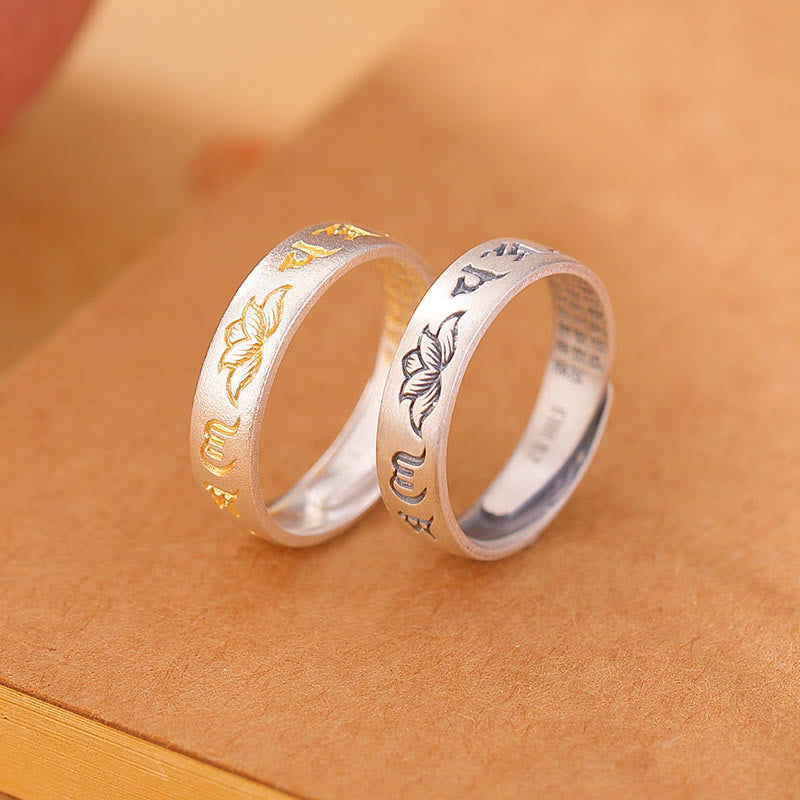 Bague ajustable en argent sterling avec motif lotus Om Mani Padme Hum