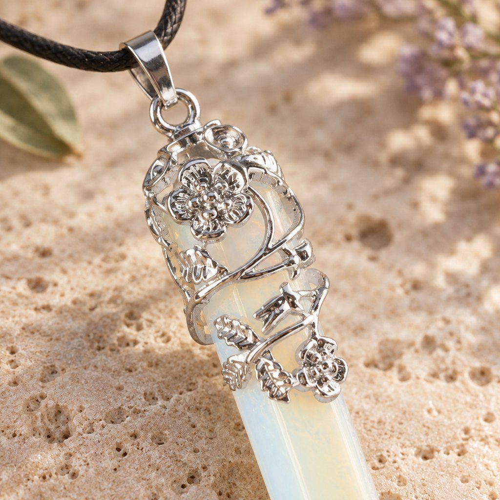 Opalite Healing Crystal Pendant for Spiritual Protection, close-up of the material and finish