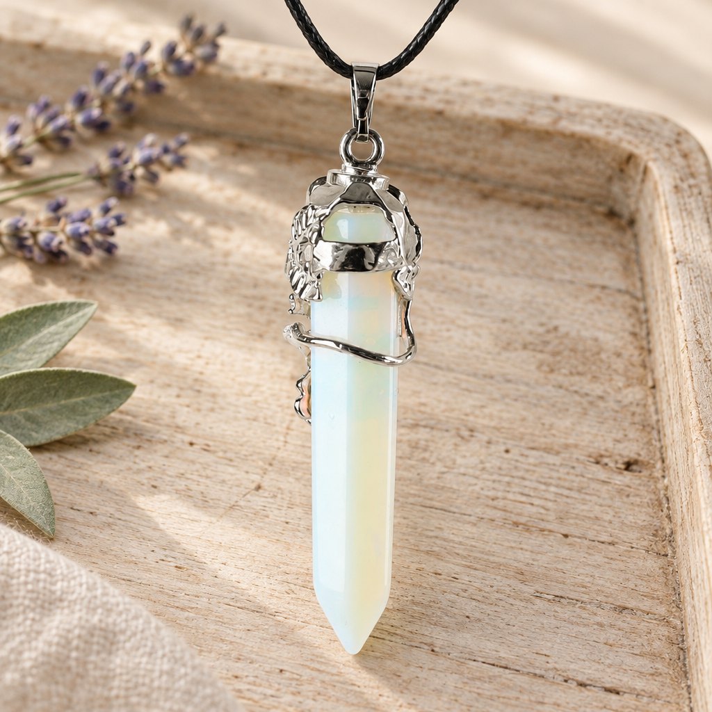 Opalite Healing Crystal Pendant for Spiritual Protection, pendant seen from the other side showing the spiral vine and top cap