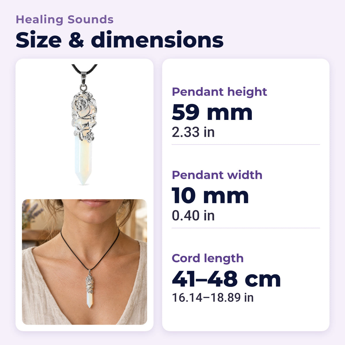 Opalite Healing Crystal Pendant for Spiritual Protection, size and dimensions in millimetres and inches