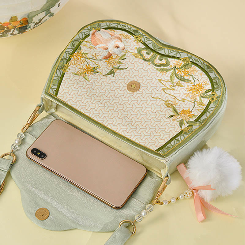 Sac bandoulière brodé lapin Osmanthus avec chaîne en perles