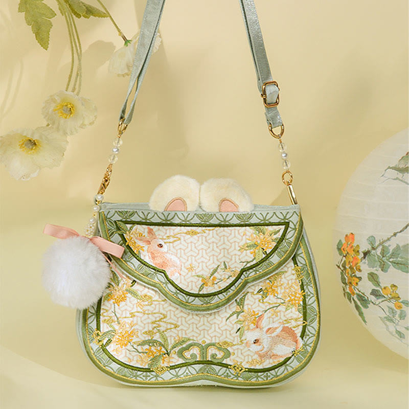 Sac bandoulière brodé lapin Osmanthus avec chaîne en perles