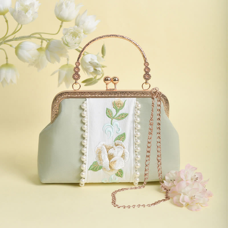 Sac bandoulière vert pâle brodé de fleurs avec pendentif en perles
