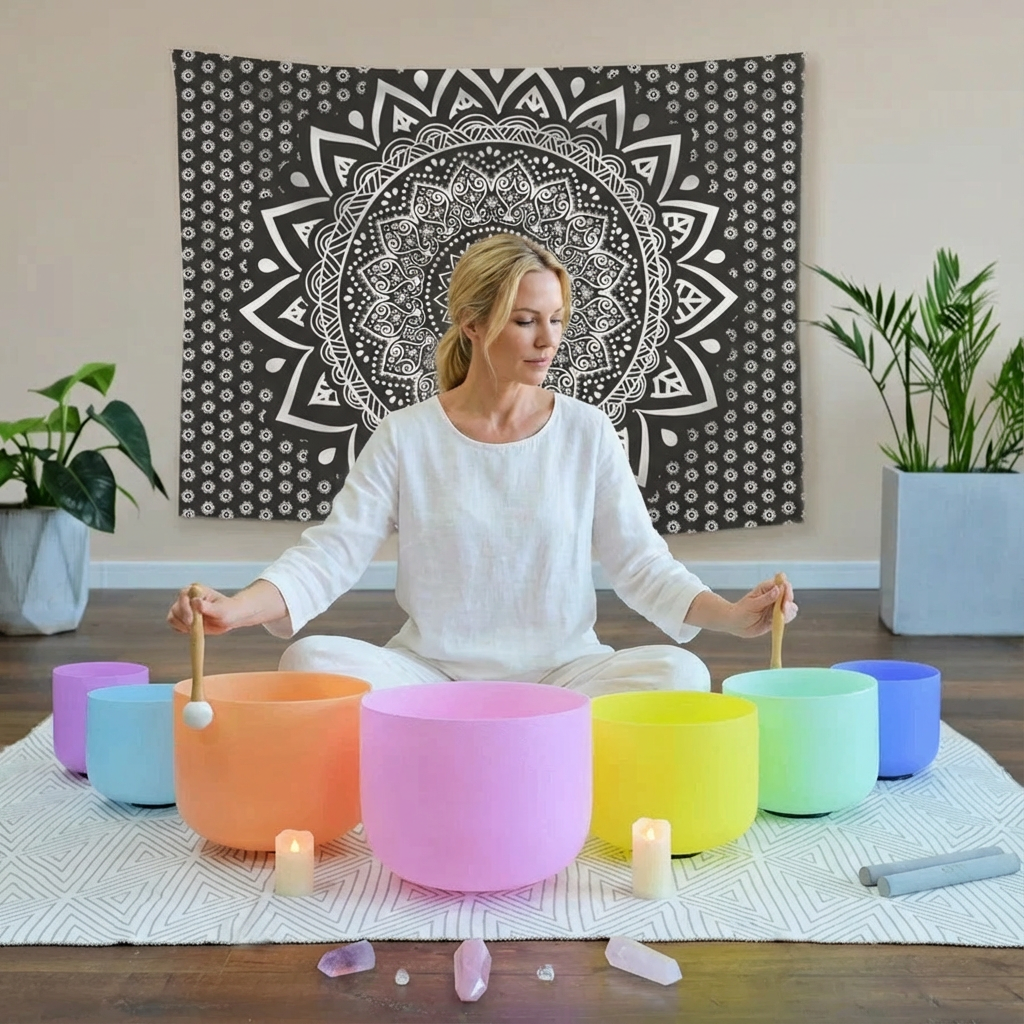 Ensemble de bols chantants en cristal pastel pour la méditation