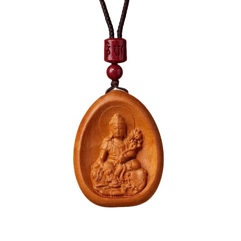Collier en bois de pêcher avec pendentif Om Mani Padme Hum et signe du zodiaque chinois