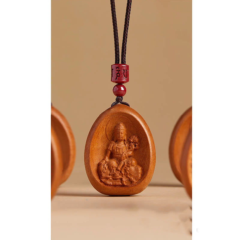 Collier en bois de pêcher avec pendentif Om Mani Padme Hum et signe du zodiaque chinois