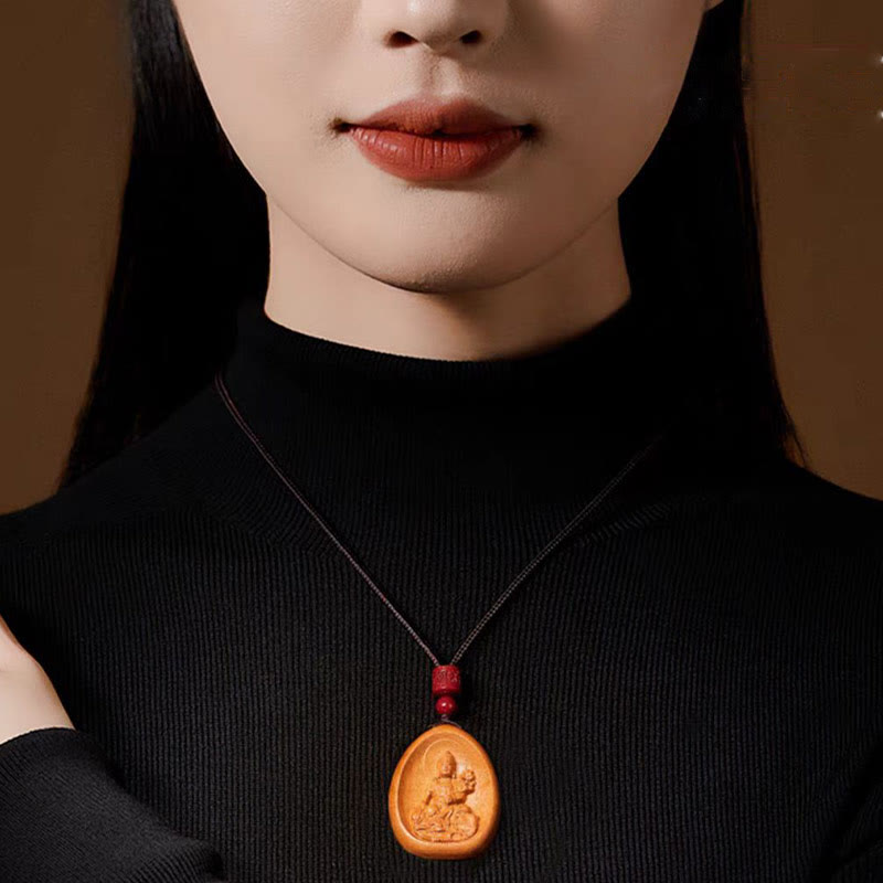 Collier en bois de pêcher avec pendentif Om Mani Padme Hum et signe du zodiaque chinois