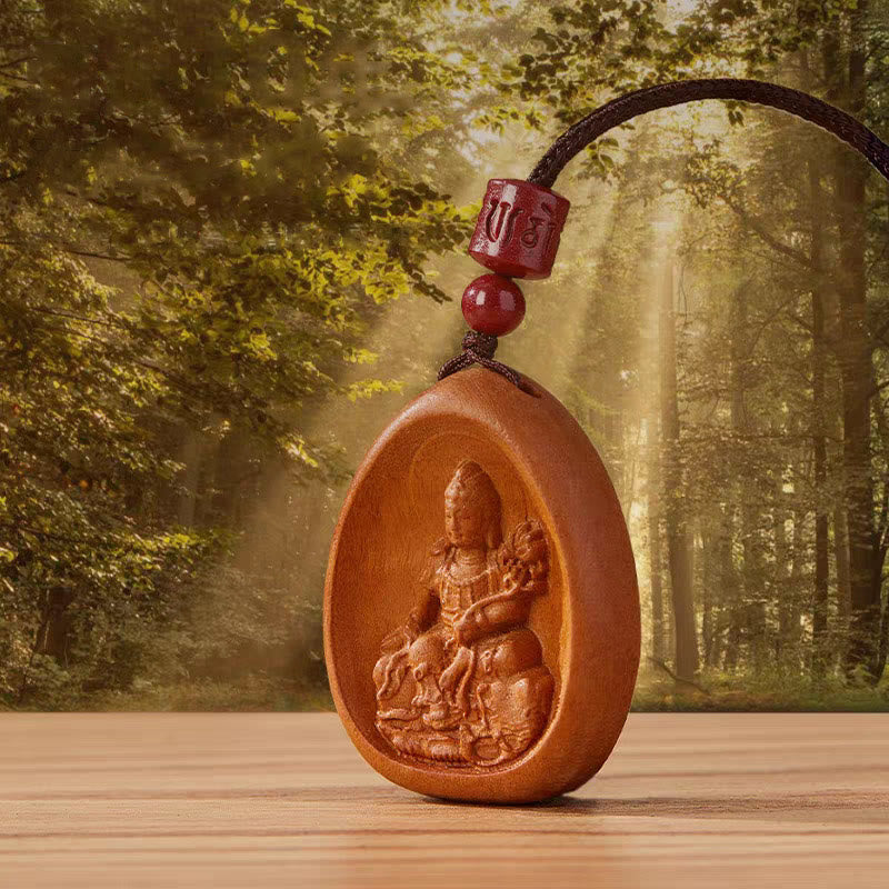 Collier en bois de pêcher avec pendentif Om Mani Padme Hum et signe du zodiaque chinois