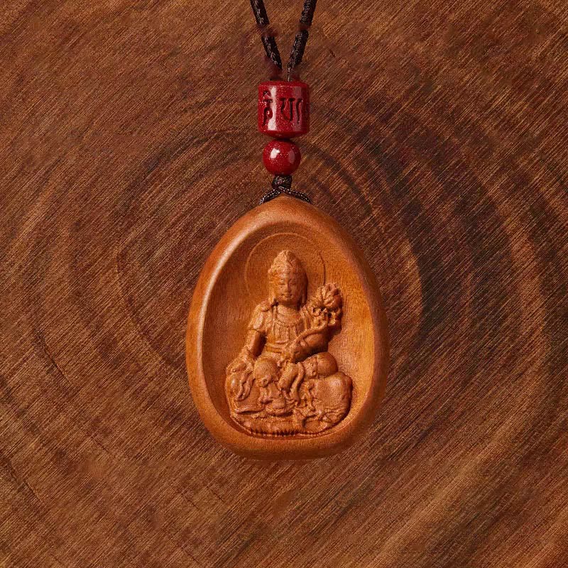 Collier en bois de pêcher avec pendentif Om Mani Padme Hum et signe du zodiaque chinois