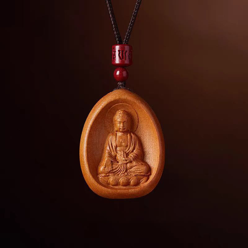 Collier en bois de pêcher avec pendentif Om Mani Padme Hum et signe du zodiaque chinois