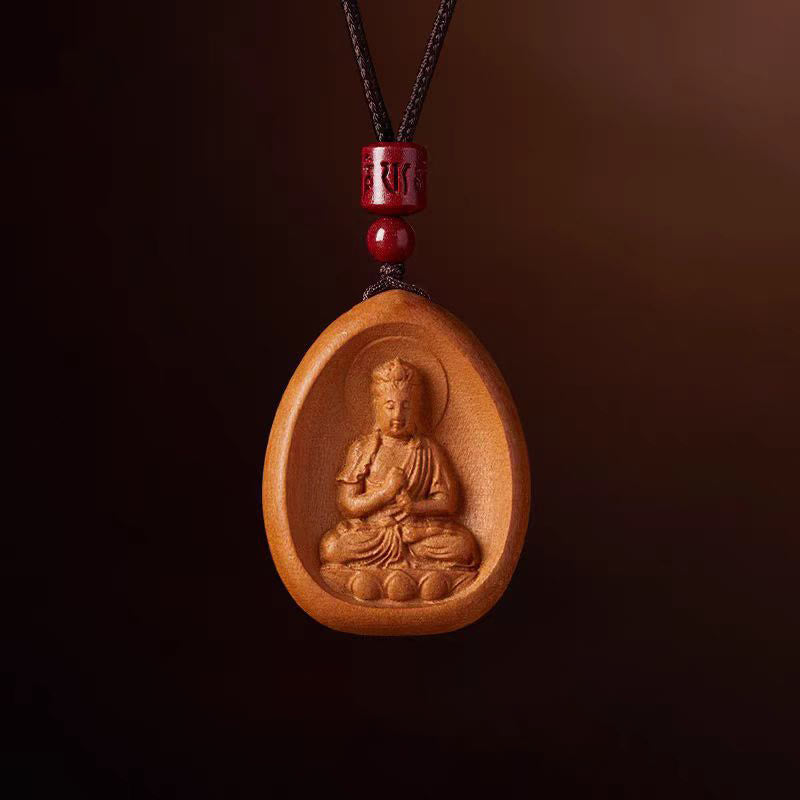Collier en bois de pêcher avec pendentif Om Mani Padme Hum et signe du zodiaque chinois