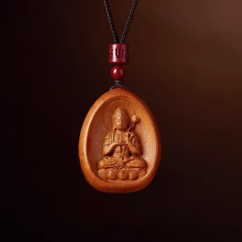 Collier en bois de pêcher avec pendentif Om Mani Padme Hum et signe du zodiaque chinois