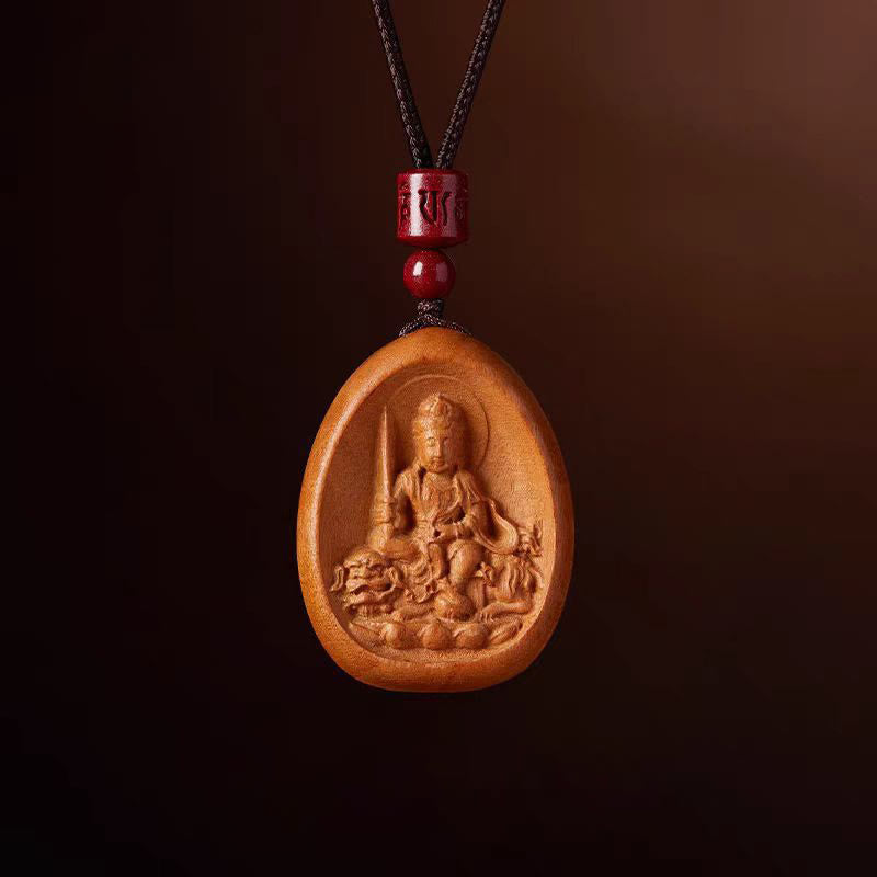 Collier en bois de pêcher avec pendentif Om Mani Padme Hum et signe du zodiaque chinois