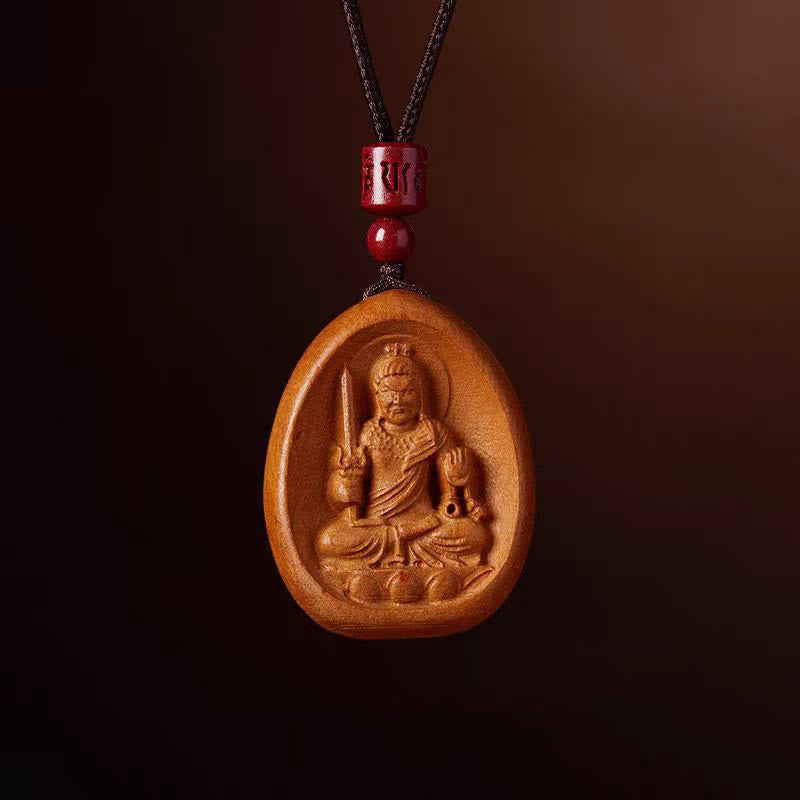 Collier en bois de pêcher avec pendentif Om Mani Padme Hum et signe du zodiaque chinois