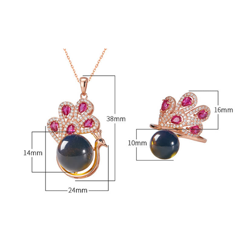 Collier et bague porte-bonheur en ambre paon | Sons de guérison
