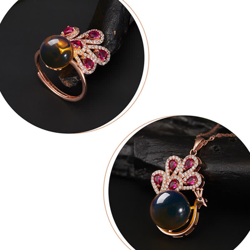 Collier et bague porte-bonheur en ambre paon | Sons de guérison