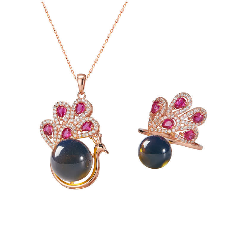 Collier et bague porte-bonheur en ambre paon | Sons de guérison