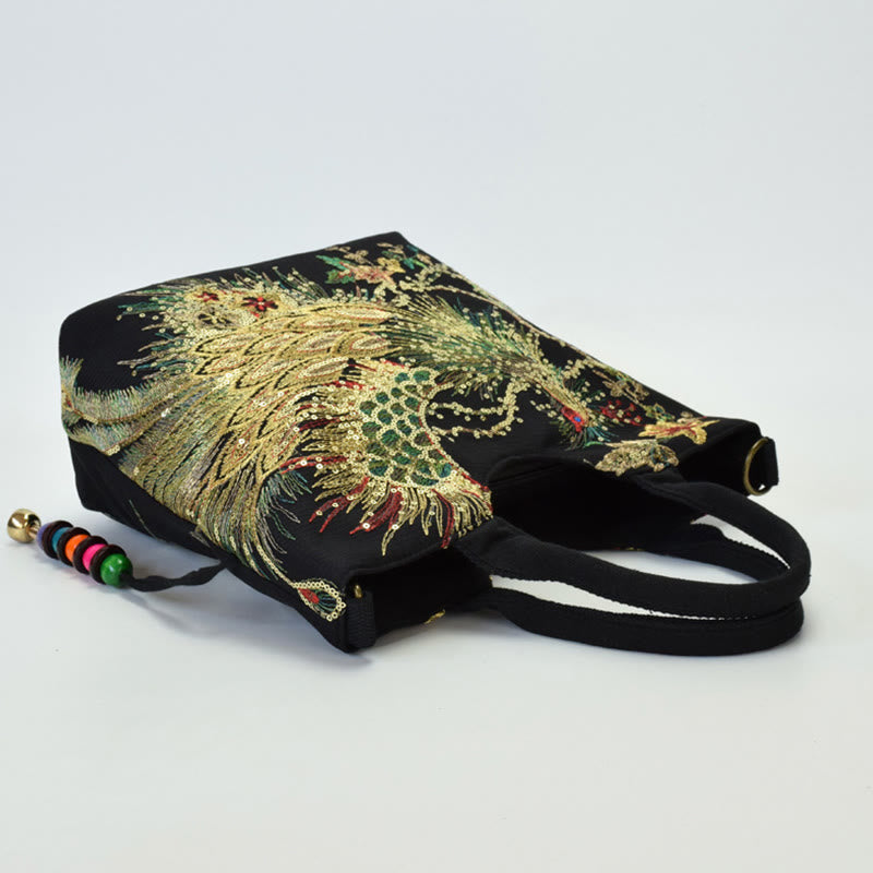 Sac fourre-tout brodé paon | Sac bandoulière en toile