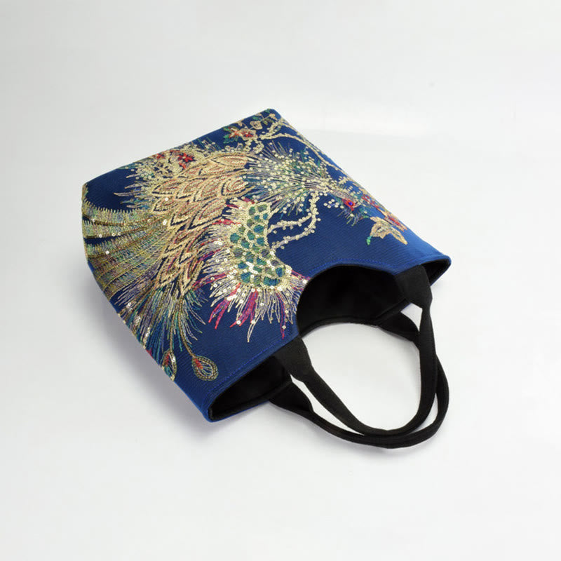 Sac fourre-tout brodé paon | Sac bandoulière en toile