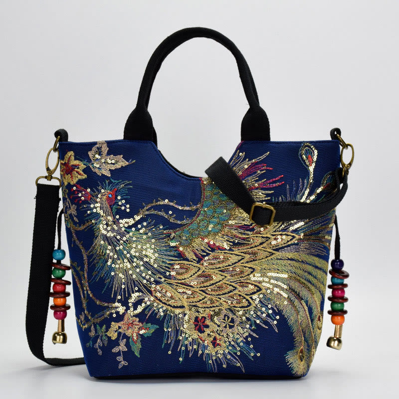 Sac fourre-tout brodé paon | Sac bandoulière en toile